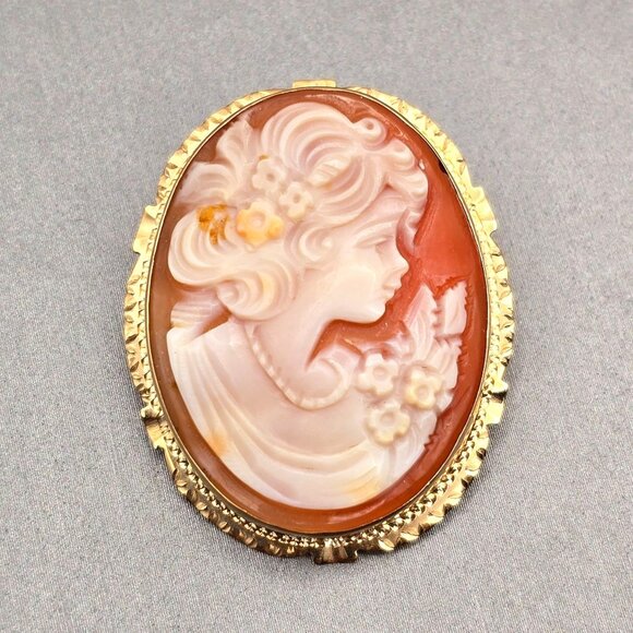 14K Yellow Gold Shell Cameo Brooch/Pendant Hand-Carved Profile 5.28g Signed LJI - Picture 1 of 11